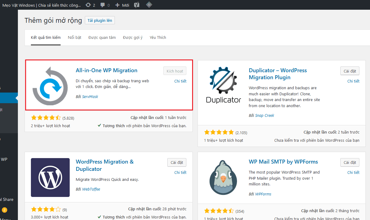 Hướng dẫn Clone Website WordPress bằng Plugin All in one Migration 26 plugin backup 1